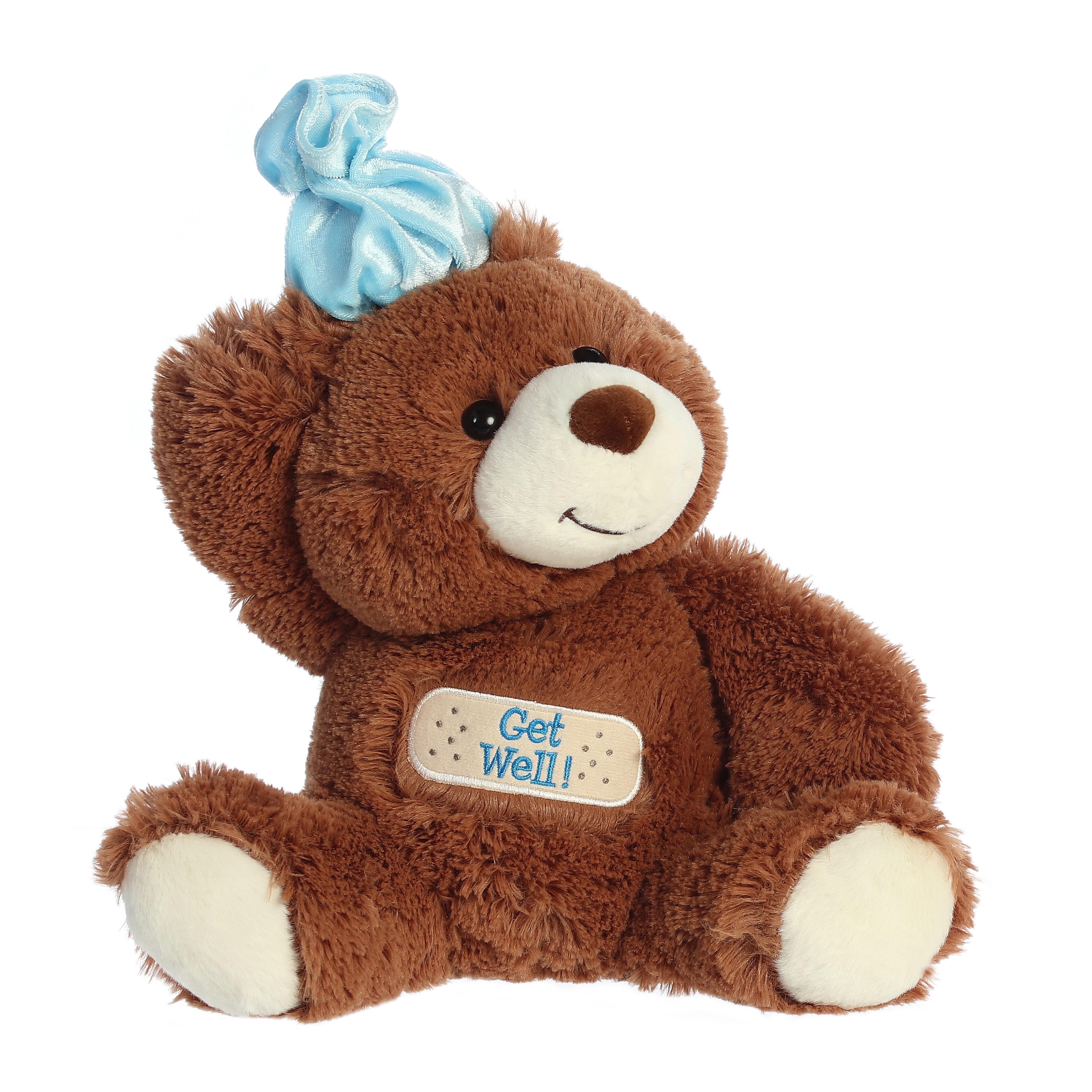 A brown bear plush toy from Aurora World with a blue hat and a “Get Well” tag.