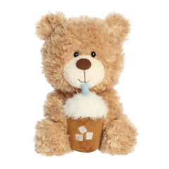 A plush brown bear holding an iced coffee cup from Bear Stuffed Animals by Aurora.