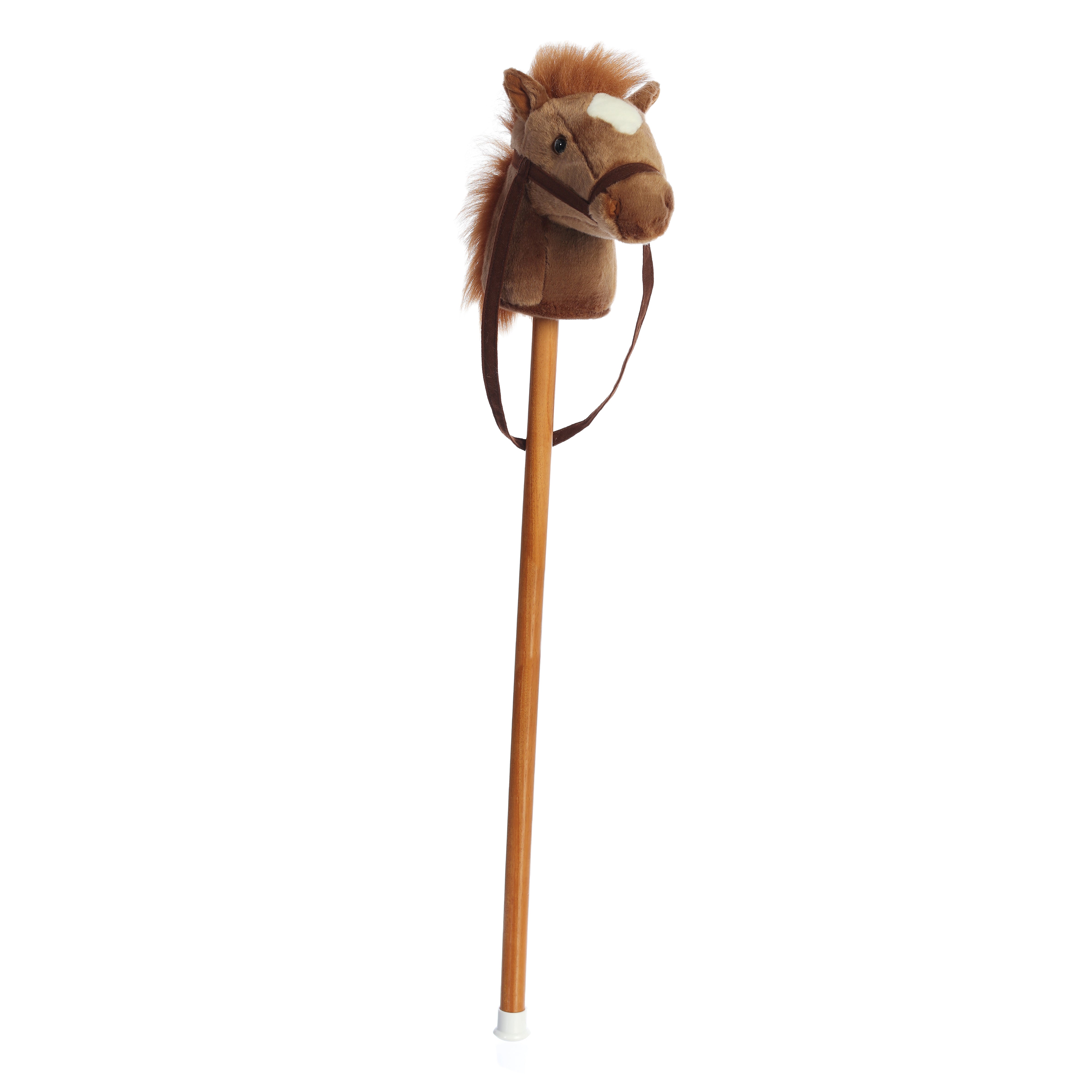 A brown pony hobby horse plush toy from Giddy-Up Friends with a soft brown head and fluffy mane.