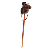 A dark brown pony hobby horse plush toy from Giddy-Up Friends with a black mane and plush horse head.