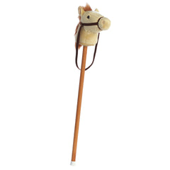 A beige pony hobby horse plush toy from Giddy-Up Friends with a brown mane and realistic soft head.