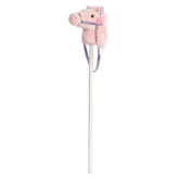 A pink fantasy pony hobby horse plush toy from Giddy-Up Friends with a sparkly bridle and shiny ribbon.