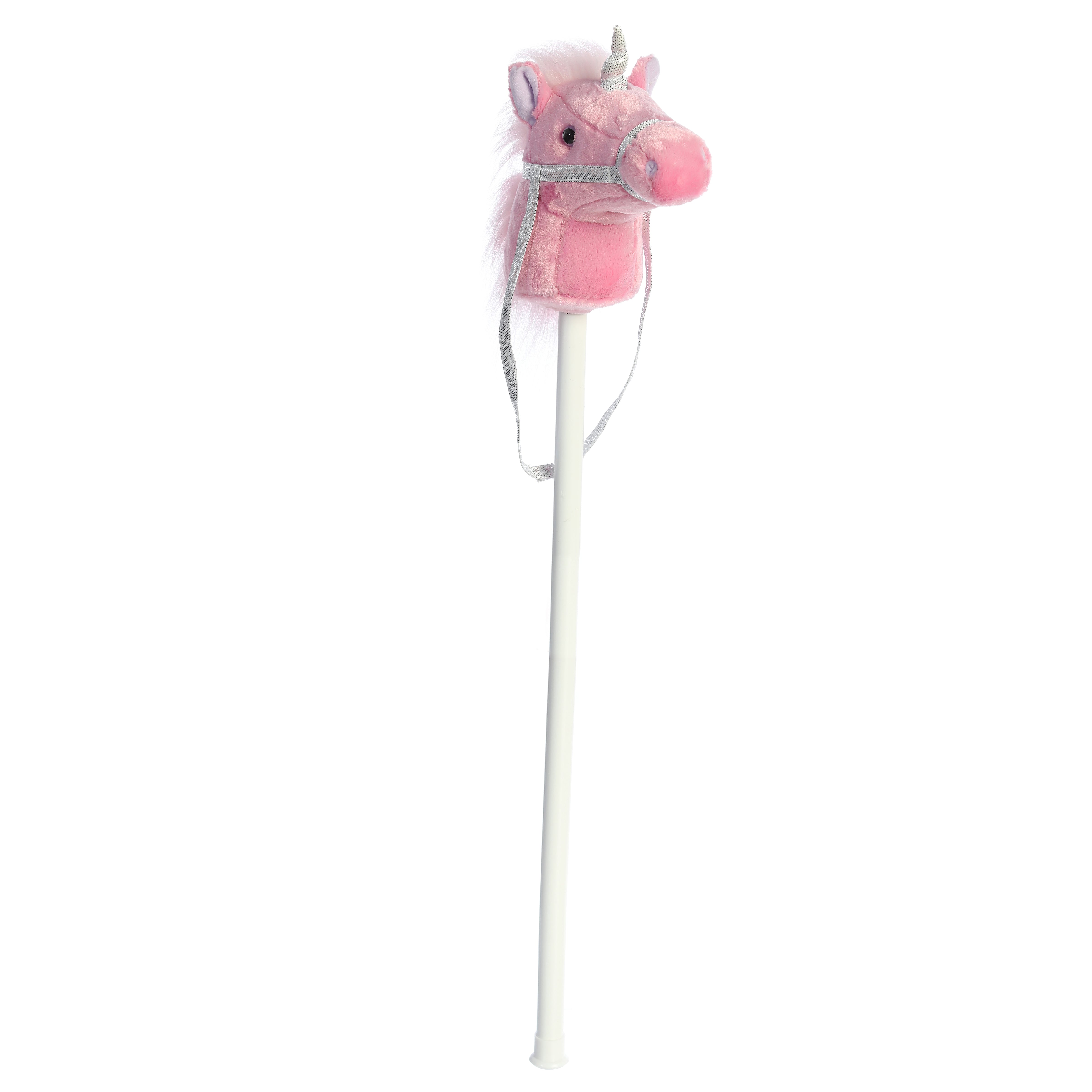 A pink unicorn hobby horse plush toy from Giddy-Up Friends with a silver horn and glittery bridle