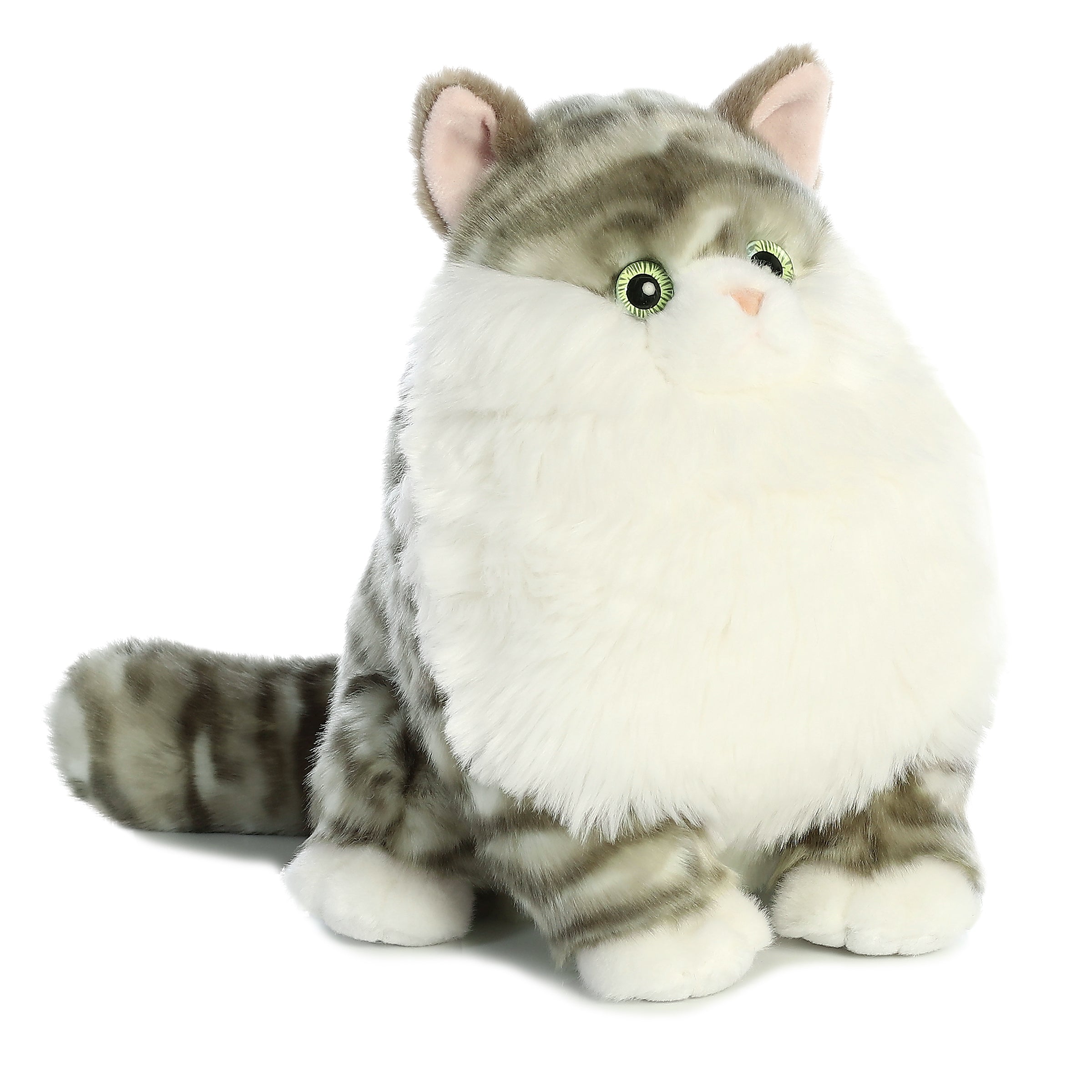 Plush toy of a chubby gray tabby cat with white belly, green eyes, and extra-soft fur.
