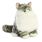 Plush toy of a chubby gray tabby cat with white belly, green eyes, and extra-soft fur.