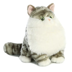 Plush toy of a chubby gray tabby cat with white belly, green eyes, and extra-soft fur.