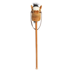 A brown plush hobby horse with a soft horse head and sturdy wooden stick from Aurora’s Giddy-Up Friends collection.