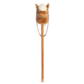 A plush hobby horse with a flaxen mane, soft horse head, and wooden stick from Aurora’s Giddy-Up Friends collection.