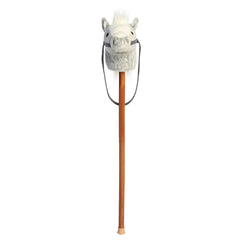 A gray dapple plush hobby horse with a soft horse head and sturdy wooden stick from Aurora’s Giddy-Up Friends collection.