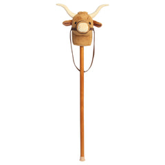 A longhorn bull plush stick toy with a soft bull head and wooden stick from Aurora’s Giddy-Up Friends collection.