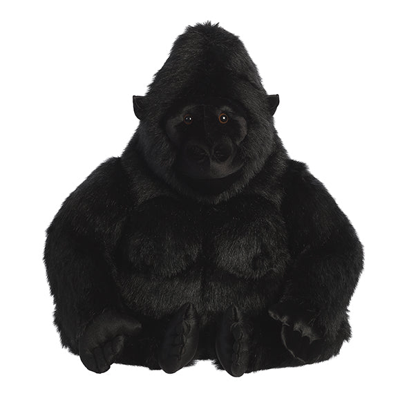 A large black gorilla plush toy from Miyoni by Aurora with lifelike fur and expressive embroidered eyes.