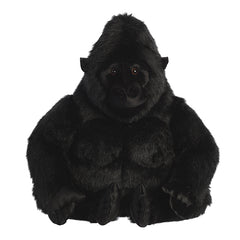 A large black gorilla plush toy from Miyoni by Aurora with lifelike fur and expressive embroidered eyes.