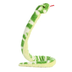 A green snake plush toy from Aurora stuffed animals with a coiled body and red tongue.