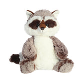 A grey raccoon plush toy from Aurora with white accents, soft fur, and an endearing paddle-legged design.
