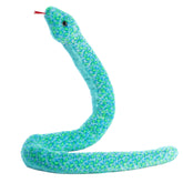 A turquoise plush snake toy from Aurora with vibrant patterns and a long curled shape.