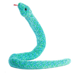 A turquoise plush snake toy from Aurora with vibrant patterns and a long curled shape.