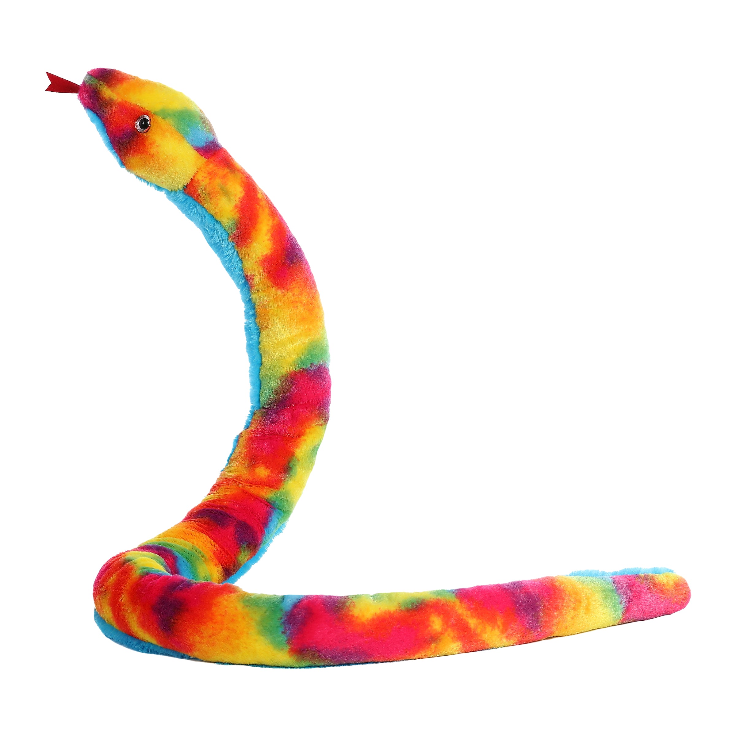 A rainbow snake plush toy from Aurora with soft fabric and a vivid blend of red, yellow, green, and blue stripes.