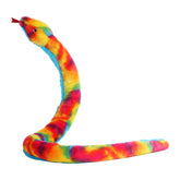 A rainbow snake plush toy from Aurora with soft fabric and a vivid blend of red, yellow, green, and blue stripes.