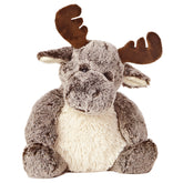 A grey and cream moose plush toy from Aurora with soft fur, stitched details, and paddle-shaped legs.