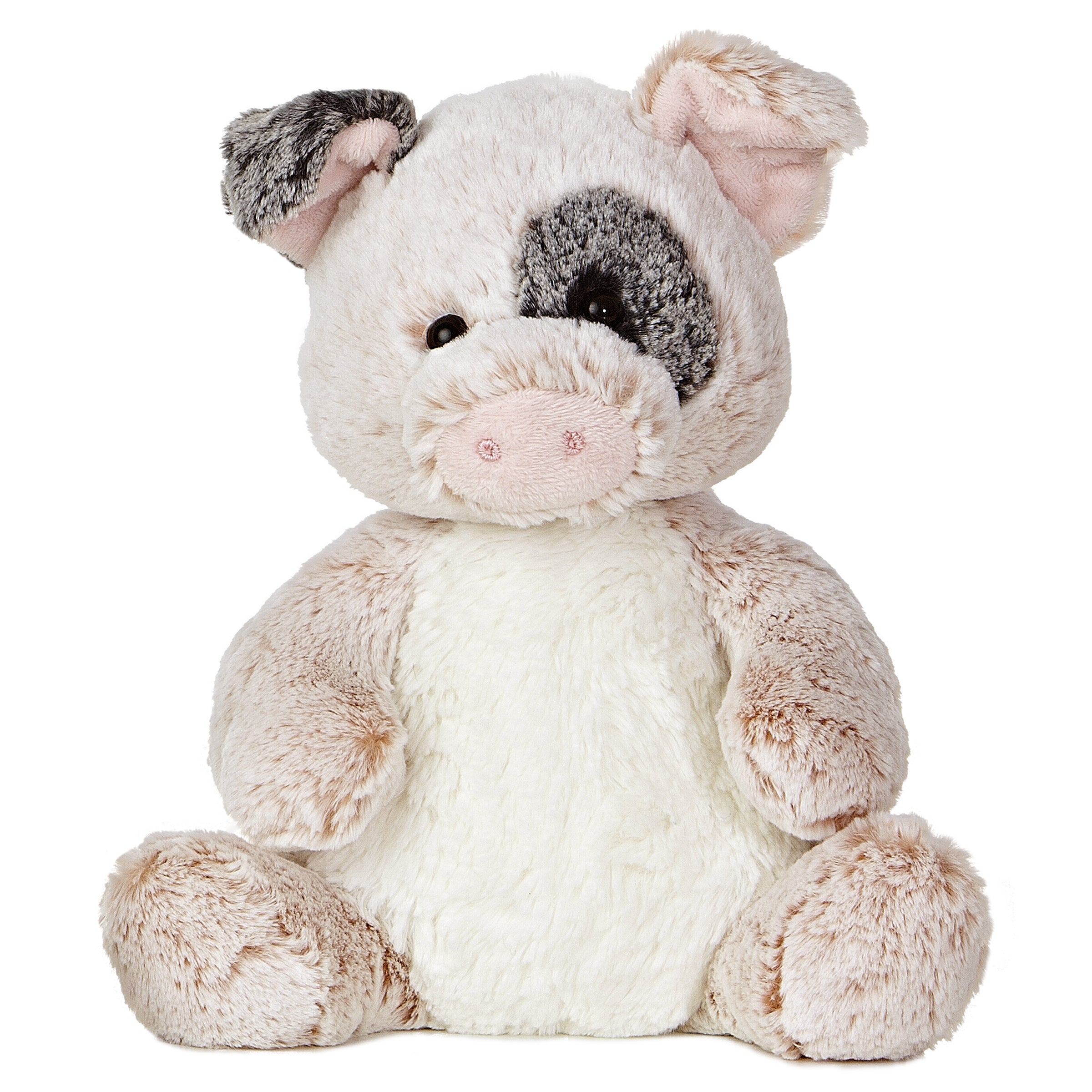 A pink and cream pig plush toy from Aurora with a rounded shape and silky, cuddly fabric.