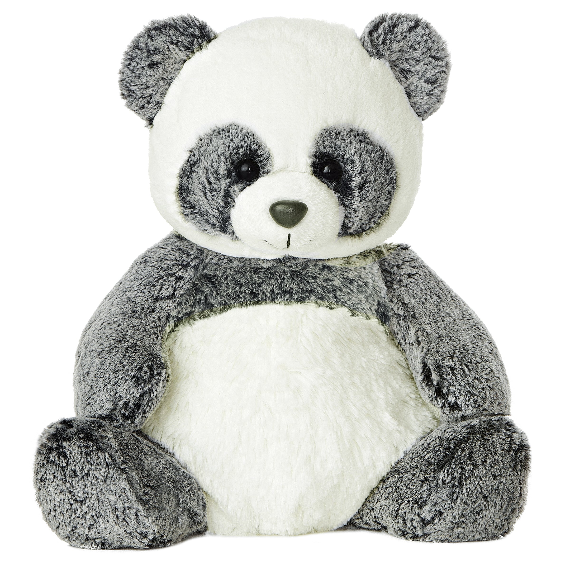 A plush panda toy from Aurora with grey and white silky fur and a rounded paddle-legged design