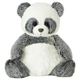 A plush panda toy from Aurora with grey and white silky fur and a rounded paddle-legged design