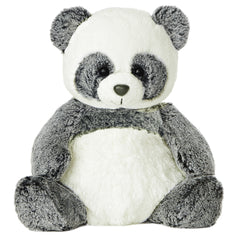 A plush panda toy from Aurora with grey and white silky fur and a rounded paddle-legged design