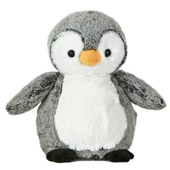 A plush penguin toy from Aurora with soft grey and white fur and a paddle-legged design