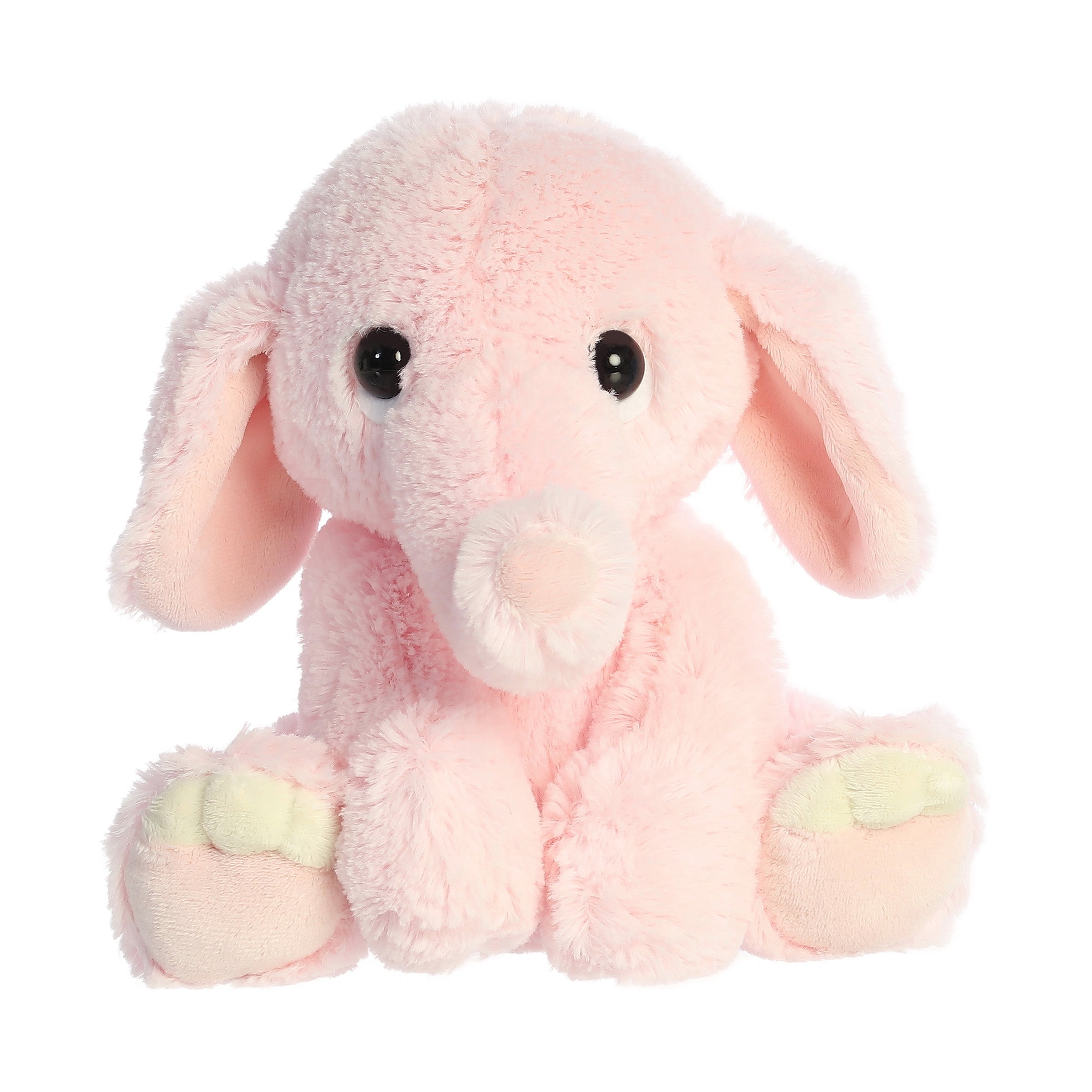 A soft pink elephant plush toy from ebba by Aurora with floppy ears and fine stitched detailing.