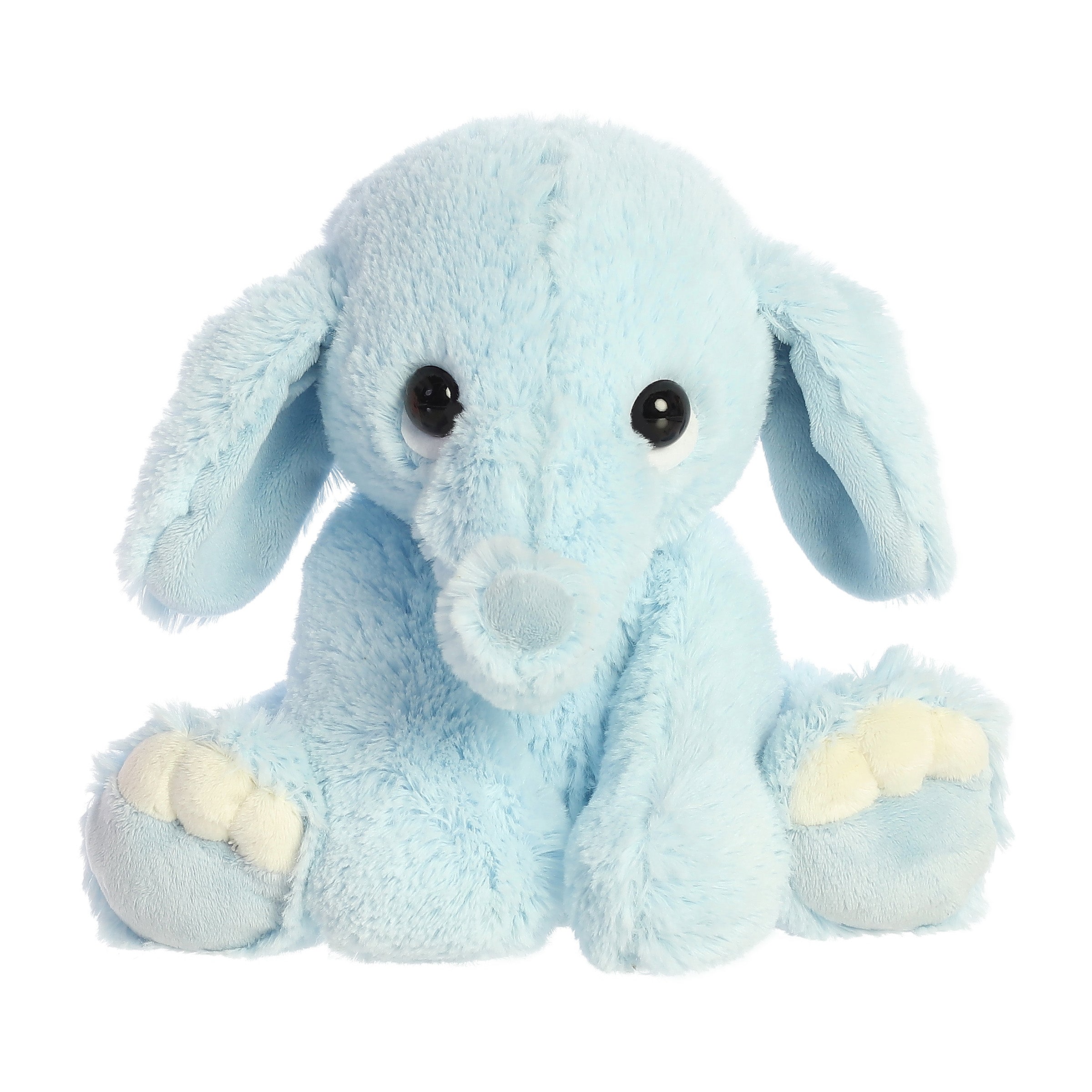 A soft blue elephant plush toy from ebba with floppy ears and delicate trim accents.