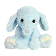 A soft blue elephant plush toy from ebba with floppy ears and delicate trim accents.