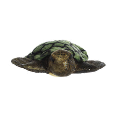 Plush toy of a green sea turtle with a soft, patterned shell and textured flippers.
