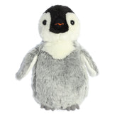 Plush toy of a smiling black and white penguin stuffed animal with soft feathers and friendly expression.