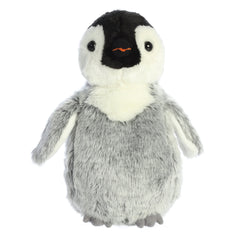 Plush toy of a smiling black and white penguin stuffed animal with soft feathers and friendly expression.