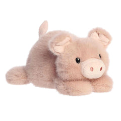 A soft pink plush pig with a round body and relaxed expression from Rumplers by Aurora plush.