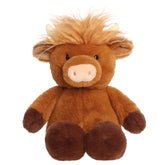 A highland cow plush toy from Aurora with oversized stitched paws, fluffy fur, and a softly weighted body.