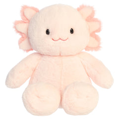 An axolotl plush toy from Aurora with oversized stitched paws, frilly gills, and a softly weighted body.