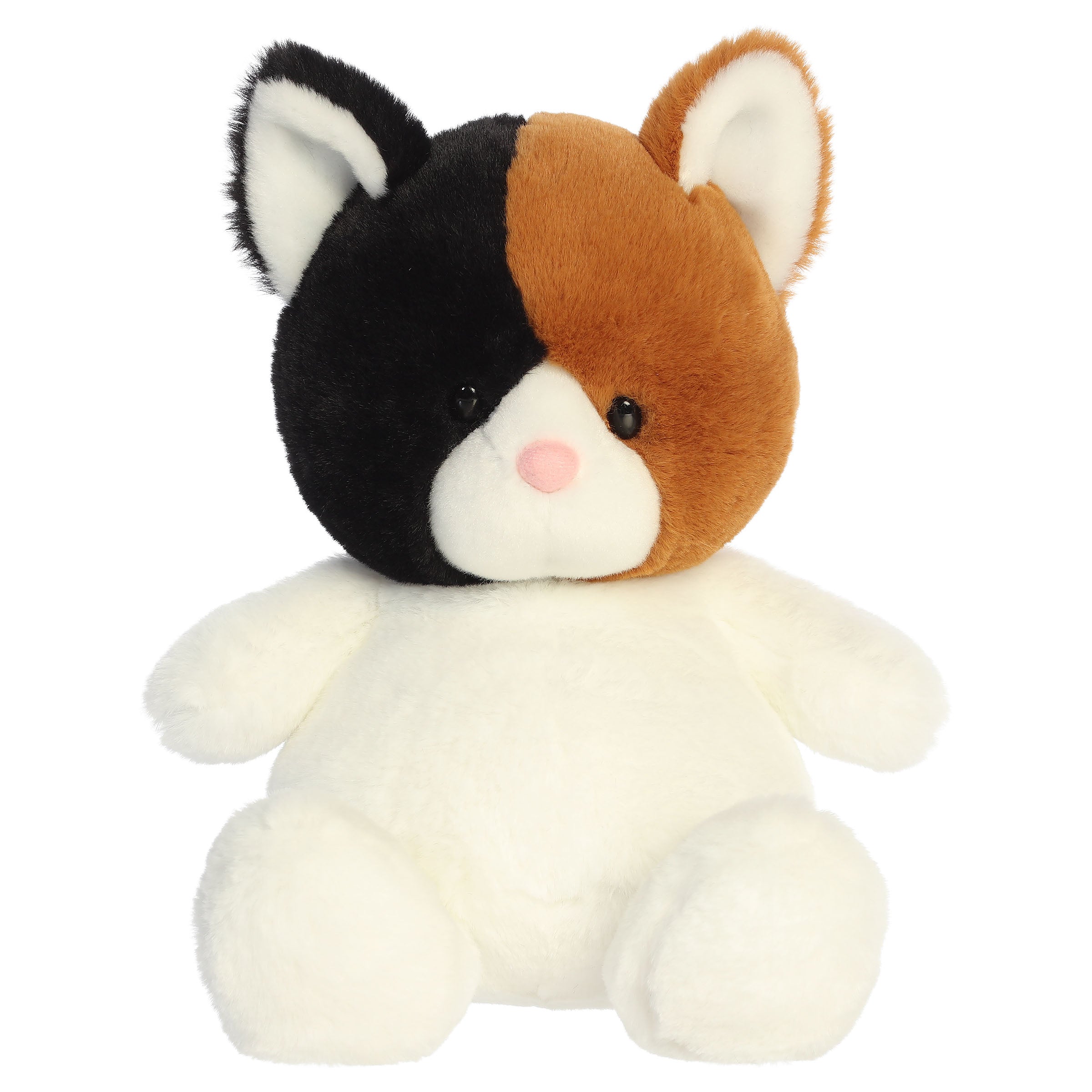 A calico kitten plush toy from Aurora with tiny limbs, a calico pattern, and a plump bean-weighted body.