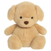 A retriever dog plush toy from Aurora with tiny limbs, golden fur, and a plump bean-weighted body.