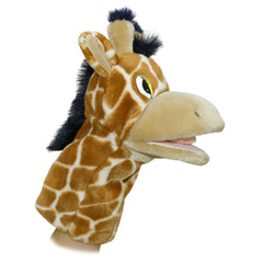 Hand puppet of a giraffe toy with orange spots and plush construction for storytelling adventures.