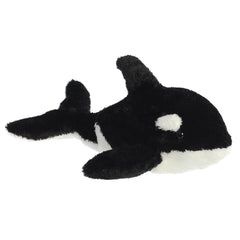 Plush toy of a black and white orca whale with soft textures and a cheerful face.