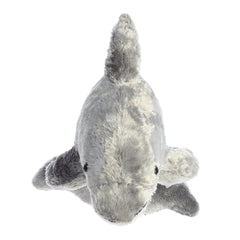 Plush toy of a soft grey dolphin with a sleek body and smiling face for ocean-themed snuggles.