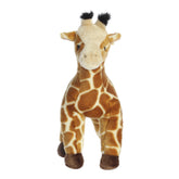 Plush toy of a giraffe with orange spots, tall neck, and soft fur for cuddles and wild adventures.