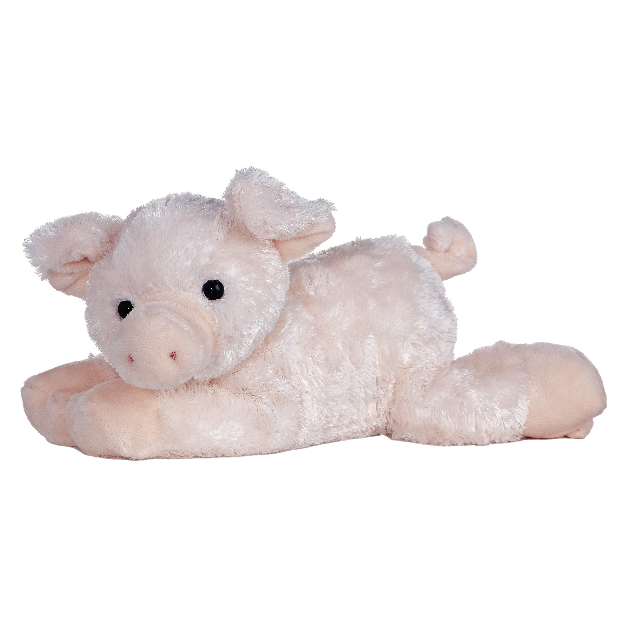 Plush toy of a soft pink pig with a fuzzy body and gentle eyes for cuddling and quiet fun.