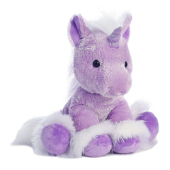 Plush unicorn toy of a lavender unicorn with white hooves, fluffy tail, and a sparkling silver horn.