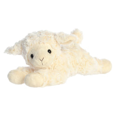 A cream-colored lamb plush toy from ebba with curly textured fur, floppy ears, and embroidered details.
