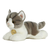 A grey tabby cat plush toy from Miyoni by Aurora with white accents and expressive embroidered features.