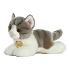 A grey tabby cat plush toy from Miyoni by Aurora with white accents and expressive embroidered features.