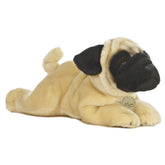A tan and black Pug plush toy from Miyoni by Aurora with a wrinkled face and short, curled tail.