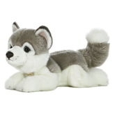 A grey and white Husky plush toy from Miyoni by Aurora with vivid blue eyes and a soft, cuddly build.